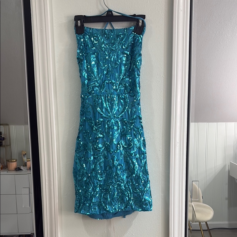 Windsor Blue Sequin Strapless Sheath Dress